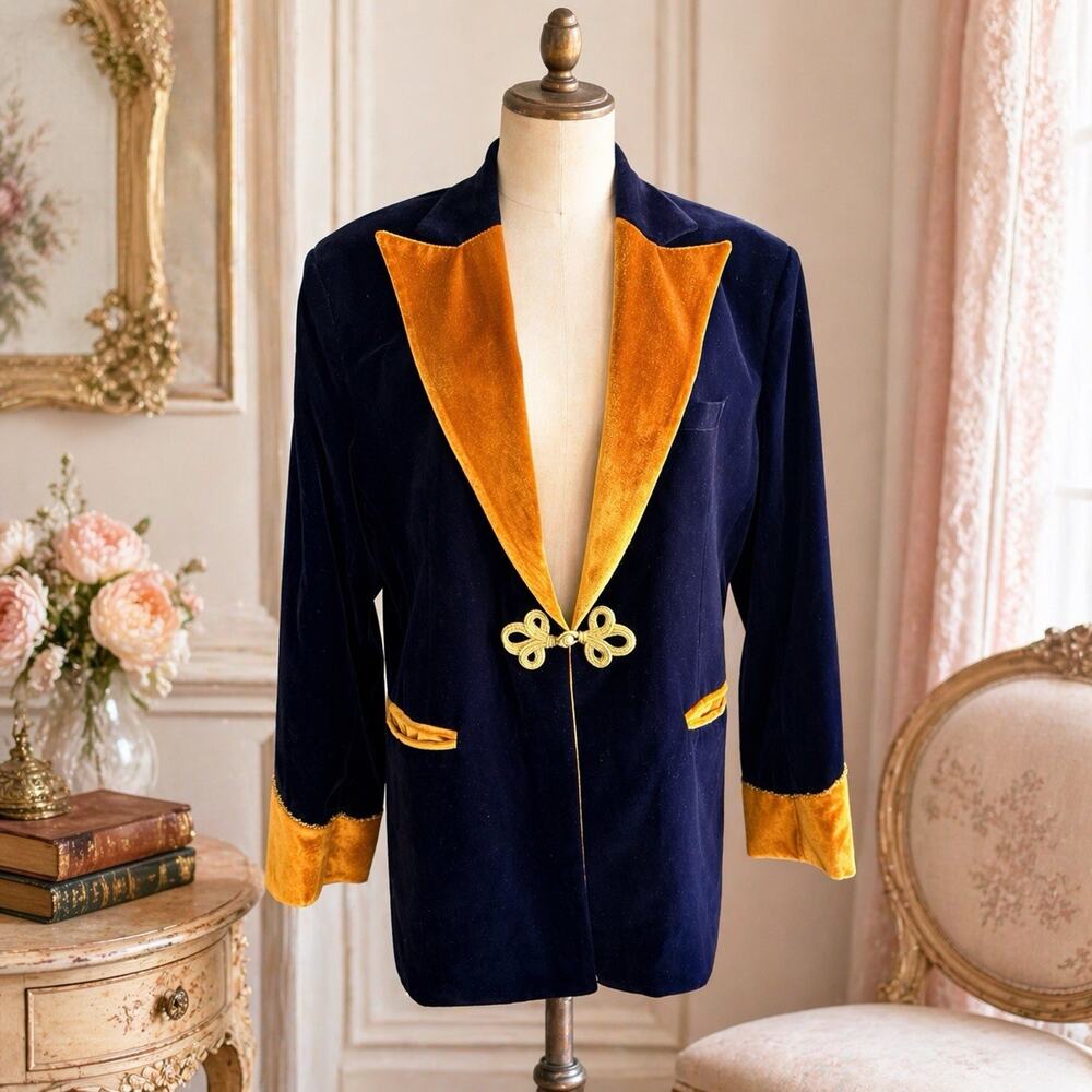 Vintage Royal Blue Velvet Smoking Jacket Gold Lapels Frog Closure Custom Made